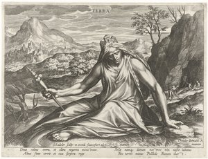 Země zosobněná bohyní Cybele Terra (název na objektu) Čtyři živly jako mytologické postavy (název série) od Johann Sadeler (I)