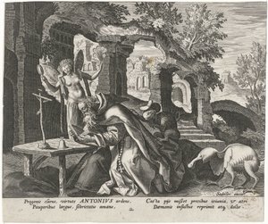 Antonína Velikého jako poustevníka Mužští poustevníci (název série) Solitudo Sive Vitae Patrum Eremicolarum (název série) od Johann Sadeler (I)
