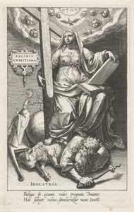 Křesťanské náboženství (Religio Christiana) překonává modloslužbu (Idolatria) Náboženství Christiana (titul na předmětu) Ctnosti dobývají neřesti (název série) od Johann Sadeler (I)
