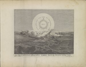 Eerste scheppingsdag: scheiding van licht en darken Schepping van de wereld (název série) Toto je biblické divadlo posvátné historie Starého a Nového zákona vyjádřené v bronzových deskách (název série) od Johann Sadeler (I)