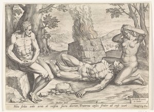 Eva truchlí po smrti pro Ábela Historie Kaina a Ábela (název série) od Johann Sadeler (I)