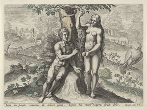Eva svádí Adama Mužský pád (název seriálu) od Johann Sadeler (I)