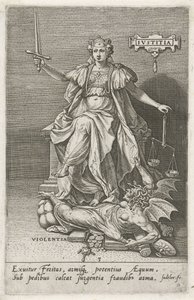 Spravedlnost (Justitia) vítězí nad násilím (Violentia) Spravedlnost (titul na předmětu) Ctnosti dobývají neřesti (název série) od Johann Sadeler (I)