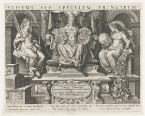 Autorita (Potestas), Prestiž (Nobilitas) a Benevolence (Liberalitas) Titulní tisk pro sérii o vlastnostech prince Hlavní činnosti prince (název série) Schema, seu speculum principum (název série) Harmonogram, sev specvlvm od Johann Sadeler (I)