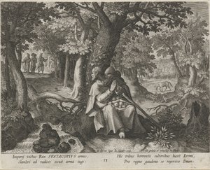 Svatý Suatacopius jako poustevník Ctnostný život poustevníků (název série) Trophaeum vitae solitariae (název série) od Johann Sadeler (I)