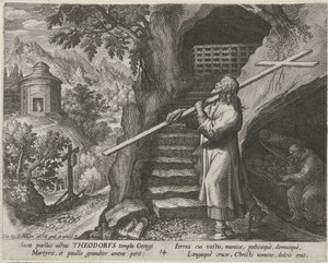 Svatý Theodore Tiro jako poustevník Ctnostný život poustevníků (název série) Trophaeum vitae solitariae (název série) od Johann Sadeler (I)