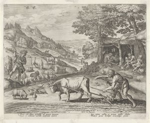 Kain a Ábel jako farmář a pastýř Historie Kainovy ​​rodiny / O dobrých a špatných dílech (název série) Boni et mali scientia (název série) od Johann Sadeler (I)
