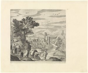 Krajina s farmářem a jeho oslem Italské krajiny (název série) od Johann Sadeler (I)