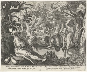 Macarius Alexandrijský jako poustevník Mužští poustevníci (název série) Solitudo Sive Vitae Patrum Eremicolarum (název série) od Johann Sadeler (I)