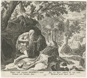 Onyfrius Veliký jako poustevník Mužští poustevníci (název série) Solitudo Sive Vitae Patrum Eremicolarum (název série) od Johann Sadeler (I)
