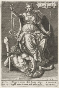 Rozum (Ratio) překonává Violentia (Violentia) Poměr (název na objektu) Ctnosti dobývají neřesti (název série) od Johann Sadeler (I)