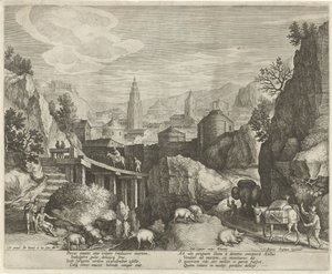 Skalnatá krajina s bajkou o oslu a divočákovi Emblémy v krajině (název série) od Johann Sadeler (I)