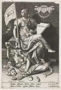 Důvěra (Fiducia) překonává tajný podvod (Tecti doli) Fidvcia (titul na objektu) Ctnosti dobývají neřesti (název série) od Johann Sadeler (I)