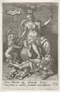 Důstojnost (Majestas) překonává Tyranii (Tyrannis) Maiestas (název na objektu) Ctnosti dobývají neřesti (název série) od Johann Sadeler (I)