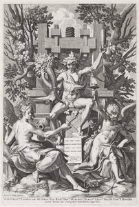 Bacchus sedící na sudu mezi Amorem a hudbou, c. 1590.