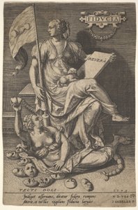 Fiducia, sedící žena drží knihu a prapor, zatímco odvrací hlavu od holé..., 1579.