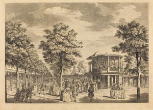 Vauxhall Gardens ukazuje Grand Walk u vchodu do zahrady a orchestr s hraním hudby od Johann Sebastian Müller after Samuel Wale