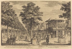 Vauxhall Gardens ukazuje Grand Walk u vchodu do zahrady a orchestr s hraním hudby od Johann Sebastian Müller after Samuel Wale