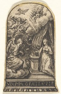 Zvěstování, Marie klečí u řečnického pultu, když se Gabriel blíží na obláčku z ..., ca. 1580-1600.
