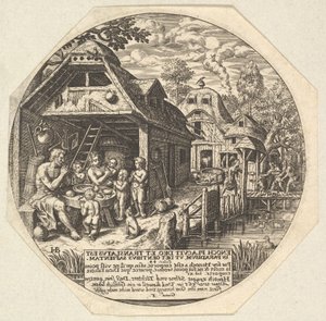 Enoch a jeho rodina obklopili jídelní stůl a drželi se za ruce v gestu..., ca. 1580-1623.
