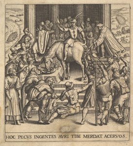 Muži sbírající trus kapající ze zadní části mezka, s jezdcem sedícím u..., 1592-1614. od Johann Theodor de Bry