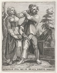 Strijd om de broek ZAVÁŽU SE NA MANŽELOVY NÁSLEDNÉ KALHOTY (nadpis na předmětu) Secular Emblems, 1596 (název série)