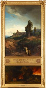 Abrahams Bitte für Sodom (oben). Die Flucht Lots (unten). Aus dem Zyklus "Zwölf biblische Landschaften mit der Geschichte Abrahams" od Johann Wilhelm Schirmer