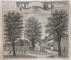 Portugalský kostel a čínské a evropské domy v ulici v Batávii, ze série pohledů Batávie „Schau-platz von Africa und Ost-Indien“, publikovaných v Norimberku v roce 1744 od Johann Wolfgang Heydt