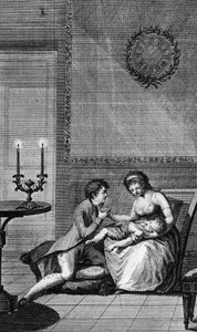 Aurelie utěšená Wilhelmem Meisterem, ilustrace k Učni Wilhelma Meistera, román Johanna Wolfganga von Goethe (1749-1832), rytina z pařížského vydání vydaného v roce 1802