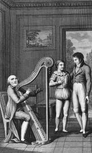 Harfenistka, Mignon a Wilhelm, ilustrovaný frontispis pro učňovskou dobu Wilhelma Meistera, román Johanna Wolfganga von Goethe (1749-1832), rytina z vydání vydaného v roce 1802