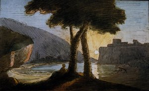 Západ slunce na římských ruinách. Akvarel od Johanna Wolfganga von Goetha (1749-1832). Počátek 19. stol