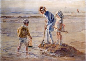 Hraní na pláži Katwijk (olej na plátně) od Johann Zoetelief Tromp