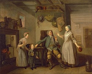 David Garrick a Mary Bradshaw ve filmu The Farmers Return od Davida Garricka, kolem roku 1762