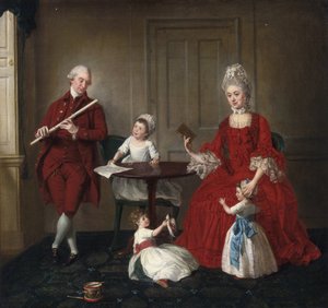 Rokoko: Portrét pana a paní Jamesových a jejich tří dětí v elegantním interiéru podle Johanna Zoffanyho (Zauffelij) (1733-1810). 1660-1670, Olej na plátně, 75x80,3. Soukromá sbírka