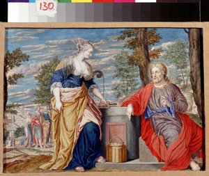 Kristus a Samaritánka u Jákobovy studny. Kristus a Samaritánka u Jákobovy studny. Obraz Johannese Koeniga (1586-1632/1635). Německé umění, barokní styl. Kvaš na pergamenu. Puškinovo muzeum výtvarných umění, Moskva.