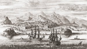 Holandské lodě před Muscat, Omán v 17. století (tisk) od Johannes (after) Kip