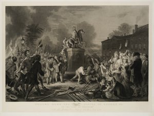 Pulling Down the Socha George III, od Synů svobody, At the Bowling Green, City of New York, červenec 1770, vyrytý John C. McRae, po roce 1853