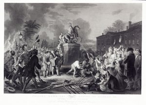 Stržení sochy Jiřího III. od Synů svobody, v Bowling Green, City of New York, červenec 1776, hospoda. 1875 od Johannes Adam Simon after Oertel