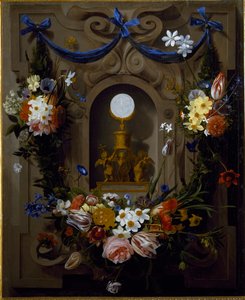 Eucharistie ve věnci z květin (olej na plátně od Johannes Antonius van der Baren