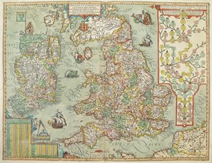 Mapa Anglie a Irska nakreslená v roce 1606 (barevná rytina) od Johannes Baptista Vrints