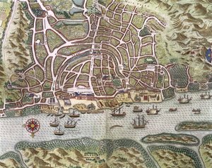 Mapa města a portugalského přístavu Goa, Indie, detail přístavu a obchodní lodní dopravy, 1595 detail rytiny 110750