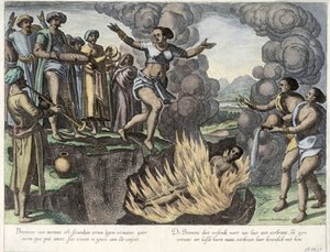 Sati, ilustrace z knihy "Jan Huyghen van Linschoten, His Discourse of Voyages into the East and West Indies", 1579-92 (barevná rytina)