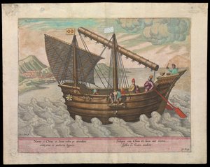 Naves et China et Java (plachetnice Čína a Jáva, 1599), počátek 17. století (kolorovaná rytina) od Johannes Baptista van the Younger Doetechum