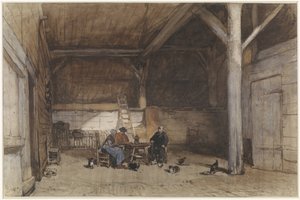 Farmářský interiér se dvěma muži a ženou u stolu, dále nějaká slepice a kočky od Johannes Bosboom
