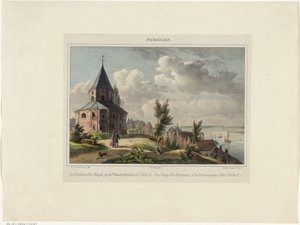 Kaple svatého Mikuláše v Nijmegenu Hedensche Kapel, na procházce Valkhof. La Chapelle Payenne, à la Promenade, dit Valkhof (název na objektu) Nymegen. (název série na objektu)