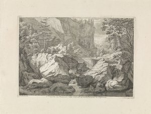 Pohled na vodopád Prospekt v Monasterio vulgo dicto La Grande Chartreuse v Delphinatu (název na předmětu) Krajiny v pohoří Chartreuzer (název série) od Johannes Glauber