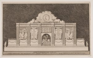 „Fasáda dekorace Illuminations, kterou Banqven v Kiøbenhavnu na burze postavil u příležitosti průvodu Jeho Výsosti krále Fridericha V Liig“ od Johannes Gottfred Bradt