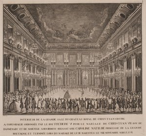 Soudní ples v rytířském sále Christiansborgu na svatbě Christiana VII s Caroline Mathilde od Johannes Gottfred Bradt