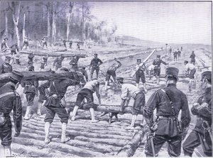Japonští inženýři staví dřevěnou cestu pro vojáky, ilustrace z Cassells Historie rusko-japonské války Vol 1, kolem roku 1900 od Johannes Hermann Barend Koekkoek