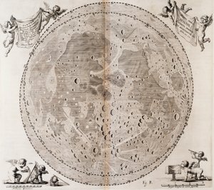 První podrobná mapa Měsíce nakreslená v roce 1647 Johannem Heveliusem, tisk převzat z nebeského atlasu Johanna Hevelia (1611-1687) Selenographia sive Lunae descriptio, Gdaňsk
